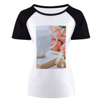 yanfind Women's Sleeve Raglan T Shirt Short Beverage Ceramic Cup Coffee Mug Delicate Desktop Flower Macarons Flowers Roses Still