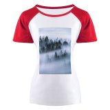 yanfind Women's Sleeve Raglan T Shirt Short Cloud Forest Conifers Cool Desktop Evergreen Fir Trees Fog Foggy Gloomy