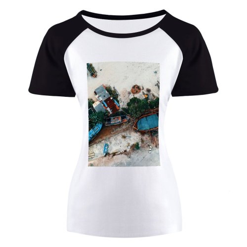 yanfind Women's Sleeve Raglan T Shirt Short Barge Bird's Boats Daytime Houses Landscape Metal Outdoors Soil Transportation