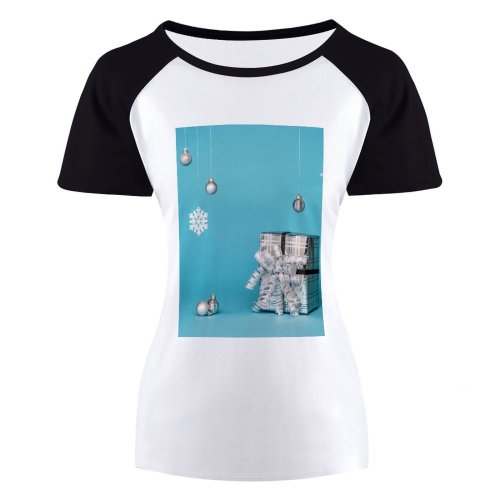 yanfind Women's Sleeve Raglan T Shirt Short Box Boxes Christmas Balls Gifts Presents Decoration Design Hanging Metallic