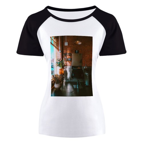yanfind Women's Sleeve Raglan T Shirt Short Barbershop Brick Wall Chair Daylight Design Floor Furniture Interior Lamp Light