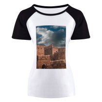 yanfind Women's Sleeve Raglan T Shirt Short Ancient Architecture Castle Clouds Exterior Facade Fortification Fortress Gothic Outdoors Sky Stone