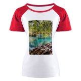 yanfind Women's Sleeve Raglan T Shirt Short Blausee Calm Waters Conifers Fir Trees Foliage Forest Idyllic Lake Landscape