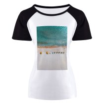 yanfind Women's Sleeve Raglan T Shirt Short Album Beach Bird's Daylight Daytime Landscape Ocean Outdoors Parasol Pastel Resort