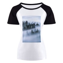 yanfind Women's Sleeve Raglan T Shirt Short Cloud Forest Conifers Cool Desktop Evergreen Fir Trees Fog Foggy Gloomy
