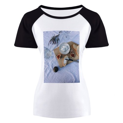 yanfind Women's Sleeve Raglan T Shirt Short Board Cheese Delicious Figs Fruit Glass Healthy Ricotta
