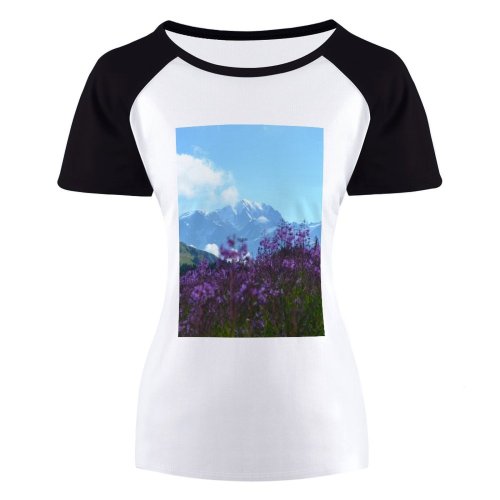 yanfind Women's Sleeve Raglan T Shirt Short Countryside Daylight Field Flora Flowers Landscape Lavander Mountains Outdoors Rural Scenic Sky
