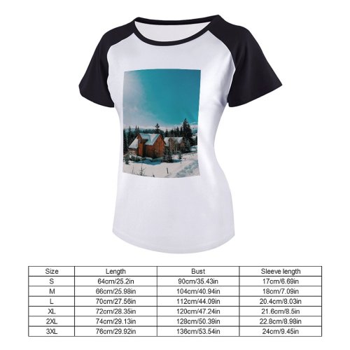 yanfind Women's Sleeve Raglan T Shirt Short Architecture Building Cabin Chalet Conifers Daylight Frosty Frozen High Shot Landscape