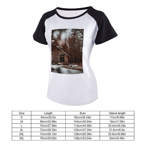 yanfind Women's Sleeve Raglan T Shirt Short Barn Bungalow Cabin Daylight Frost Home Landscape Outdoors Scenic Season Snow Snowy
