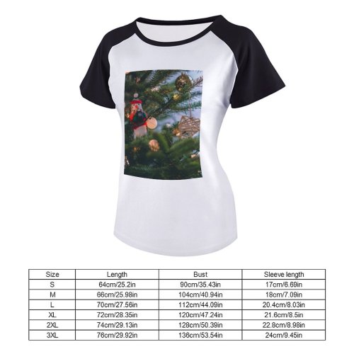 yanfind Women's Sleeve Raglan T Shirt Short Branch Christmas Balls Decor Decorations Lights Ornaments Tree Conifer Focus Frosty