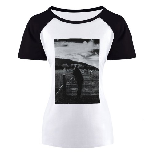yanfind Women's Sleeve Raglan T Shirt Short Cattle Countryside Cow Cropland Farm Farming Farmland Fence Field Grass Grassland Landscape