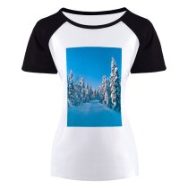 yanfind Women's Sleeve Raglan T Shirt Short Forest Frost Norway Scenic Season Snow Snowcapped Snowy Trees Winter Woods