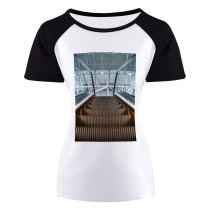 yanfind Women's Sleeve Raglan T Shirt Short Ceiling Escalator Glass Panels Handrail Shot Perspective