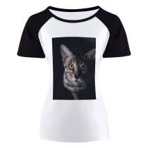 yanfind Women's Sleeve Raglan T Shirt Short Cat Face Eyes Fur Furry Grey Nose Pet Whiskers