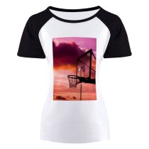 yanfind Women's Sleeve Raglan T Shirt Short Afterglow Basketball Basket Court Hoop Ring Dark Dawn Dramatic Sky Dusk