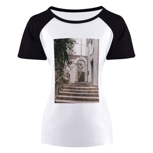 yanfind Women's Sleeve Raglan T Shirt Short Architecture Building Daylight Daytime Exterior Gate Landscape Narrow Outdoors Pavement Stairs Street
