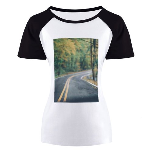 yanfind Women's Sleeve Raglan T Shirt Short Asphalt Road Blurry Empty Fall Foliage Leaves Fallen Guidance Highway Journey Landscape