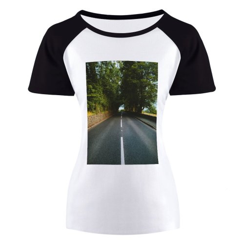 yanfind Women's Sleeve Raglan T Shirt Short Asphalt Road Country Direction Distance Empty Far Guidance Lanes Leading Lines Marked