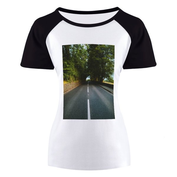 yanfind Women's Sleeve Raglan T Shirt Short Asphalt Road Country Direction Distance Empty Far Guidance Lanes Leading Lines Marked