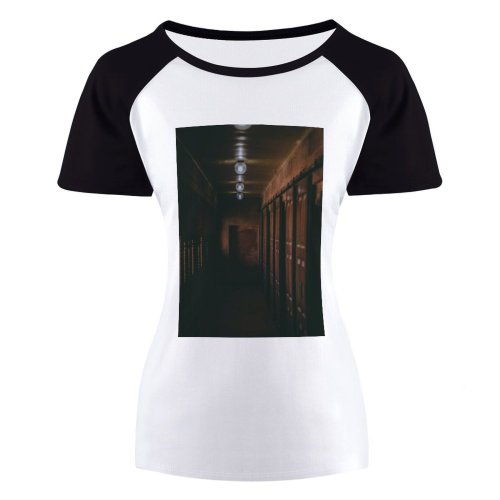 yanfind Women's Sleeve Raglan T Shirt Short Architecture Building Dark Door Eerie Hallway Light Bulb Lights Room Rustic Scary