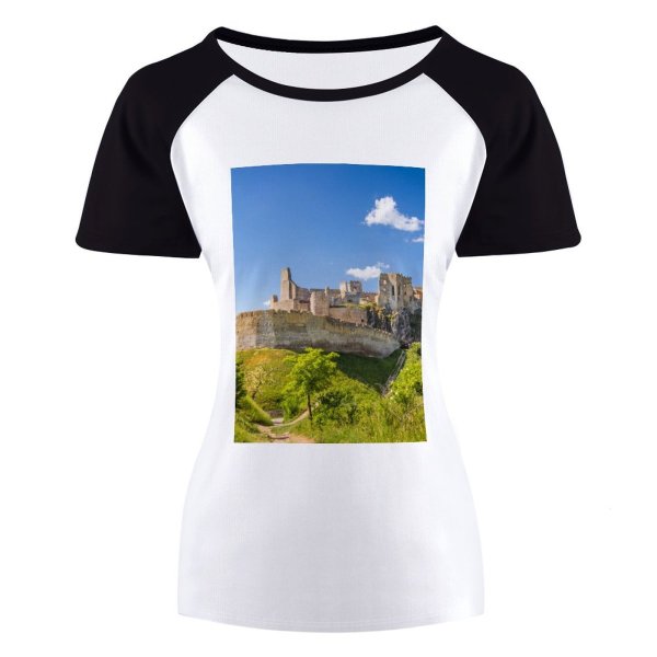 yanfind Women's Sleeve Raglan T Shirt Short Ancient Architecture Sky Building Castle Daytime Grass Hills Landmark Landscape Outdoors Ruins