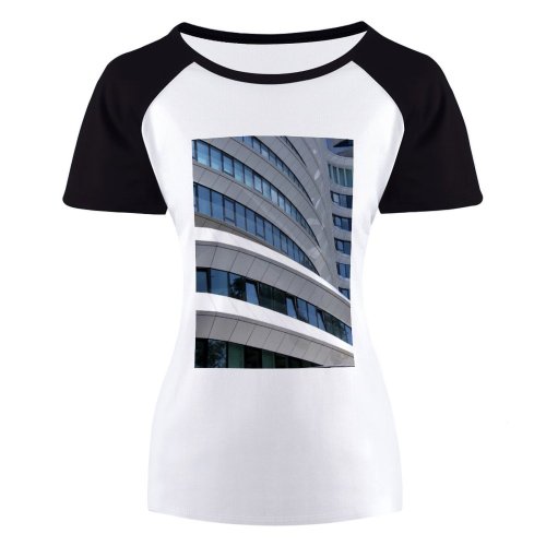 yanfind Women's Sleeve Raglan T Shirt Short Architecture Building City Cityscape Downtown Facade Glass Shot Perspective Reflection