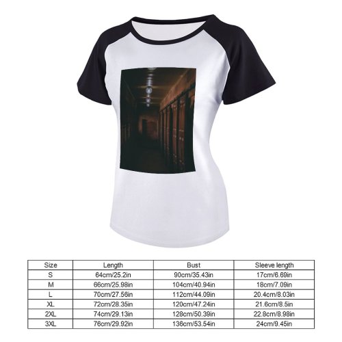 yanfind Women's Sleeve Raglan T Shirt Short Architecture Building Dark Door Eerie Hallway Light Bulb Lights Room Rustic Scary
