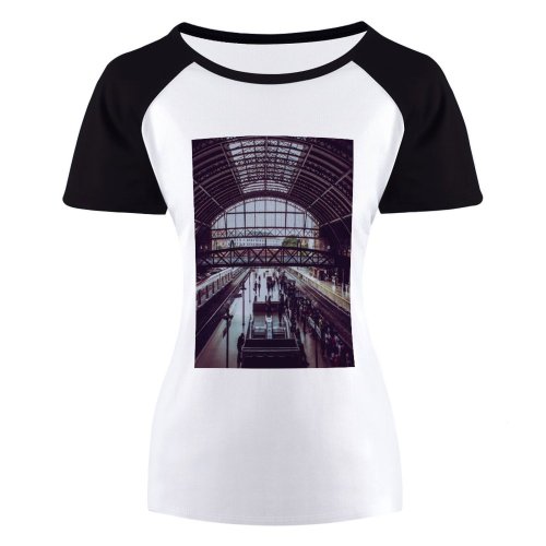 yanfind Women's Sleeve Raglan T Shirt Short Architecture Building Commuters Locomotive Railways Train Station Trains Transportation System Urban