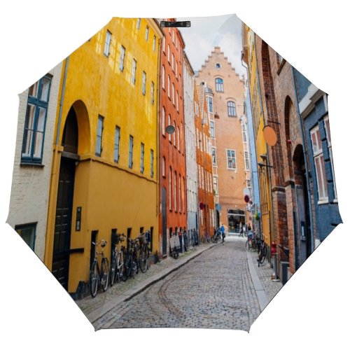 yanfind Umbrella Manual Old Stone Tranquility Denmark Idyllic Place Cobblestone Bicycle Journey Exterior Window Region Windproof waterproof anti-ultraviolet protection golf umbrella
