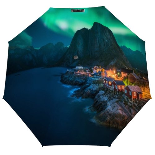 yanfind Umbrella Manual Space Fish Place Cottage Fjord Lofoten Borealis County Arctic Sea Reine Norwegian Windproof waterproof anti-ultraviolet protection golf umbrella