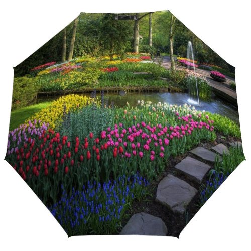 yanfind Umbrella Manual Garden Growth Tree Keukenhof Springtime Tulip Flowing Footpath Botanical Scenery Landscape Path Windproof waterproof anti-ultraviolet protection golf umbrella