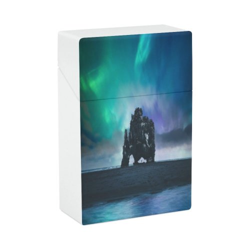 yanfind Cigarette Case Aurora Purple Beach Outdoors Fictional Iceland Silhouette Reflection Monster Explorer Landscape Hard Plastic Crushproof Cigarette Case