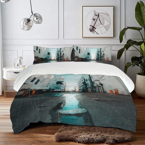 yanfind Bedding Set of 3 (1 Cover, 2 Bed Pillowcase Without Sheet)City Images Building Layers Texture Center Wallpapers Urban Road Winter Art Pictures Duvet Cover personalization