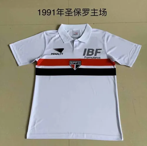 91 Adult Sao Paulo home white retro soccer jersey football shirt