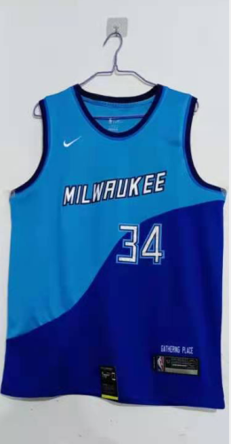 20/21 New Adult Milwaukee Bucks Antetokounmpo 34 blue city edition basketball shirt