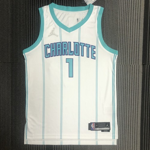 The 75th anniversary Charlotte Hornets BALL 1 white basketball jersey