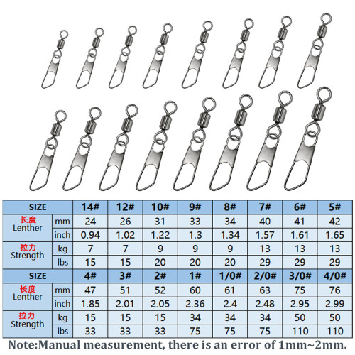 stainless steel fishing rolling swivels with safety snap ,rated from 5 LB to 104 LB