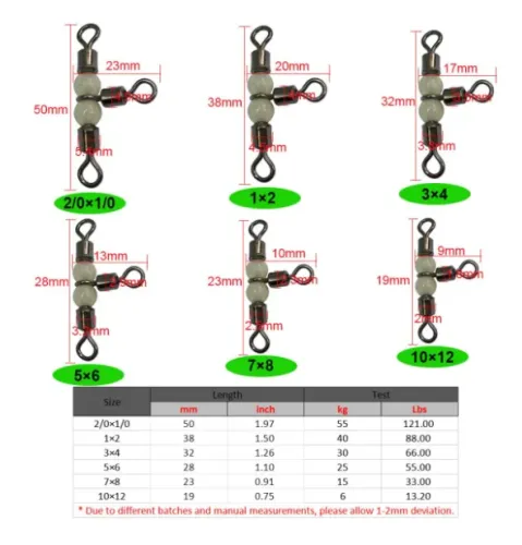 3 way luminous cross line Fishing rolling swivel with pearl beads ,rated from 18 LB to 126LB