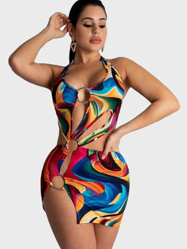 Us 32 00 Rainbow Tie Dye Cut Out Mini Dress With O Ring Detail Onebling