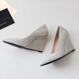 Arden Furtado Summer Fashion Women's Shoes gray Pointed Toe pure color genuine leather Slip-on wedges Pumps Big size 40