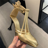 Arden Furtado Summer Fashion gold Women's Shoes Pointed Toe Stilettos Heels Sexy Elegant Buckle strap Sandals Party Shoes