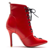 Arden Furtado Fashion Women's Shoes Winter Pointed Toe Stilettos Heels Back zipper pure color red Sexy Cross Lacing Short Boots