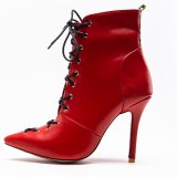 Arden Furtado Fashion Women's Shoes Winter Pointed Toe Stilettos Heels Back zipper pure color red Sexy Cross Lacing Short Boots