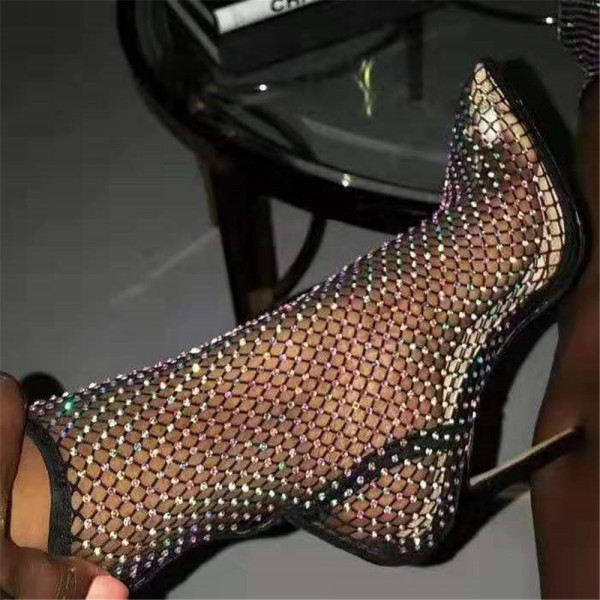 Summer Fashion Women's Shoes Pointed Toe Stilettos Heels Sexy Elegant ankle boots crystal Mesh boots