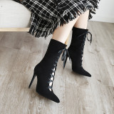 Arden Furtado Fashion Women's Shoes Winter Pointed Toe Stilettos Heels Cross Lacing  Elegant Ladies Boots Concise pure color
