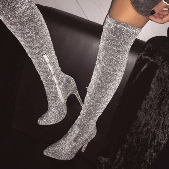 Arden Furtado Fashion Women's Shoes Pointed Toe Stilettos Heels silver Sexy Elegant bling bling stretch boots over the knee glitter boots