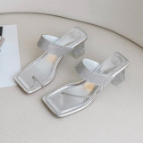 Arden Furtado Summer Fashion Trend Women's Shoes Square Head  Sexy Elegant pure color  silver Narrow Band Slippers