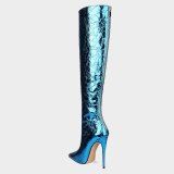 Arden Furtado Summer Fashion  Women's Shoes Slip-on Pointed Toe Stilettos Heels pure color Blue  Sexy Elegant Knee High Boots
