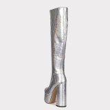 Arden Furtado 2020 Fashion Women's Shoes round Toe chunky Heels Elegant Women's Boots platform silver snakeskin knee high Boots