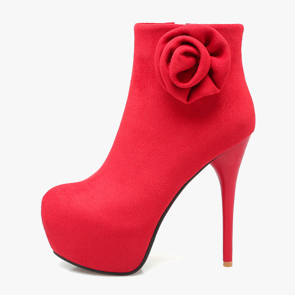 2020 Spring autumn winter Fashion shoes stiletto heels boots platform Women's boots round toe red suede flowers ankle boots 45